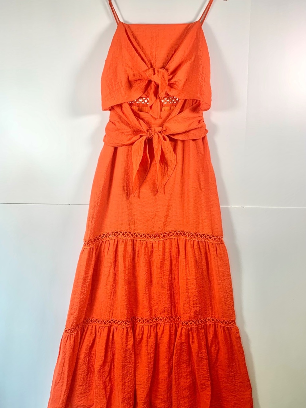 Fanco Orange Tangerine Summer Maxi Dress Cutout tie front Tiered Bow Crochet